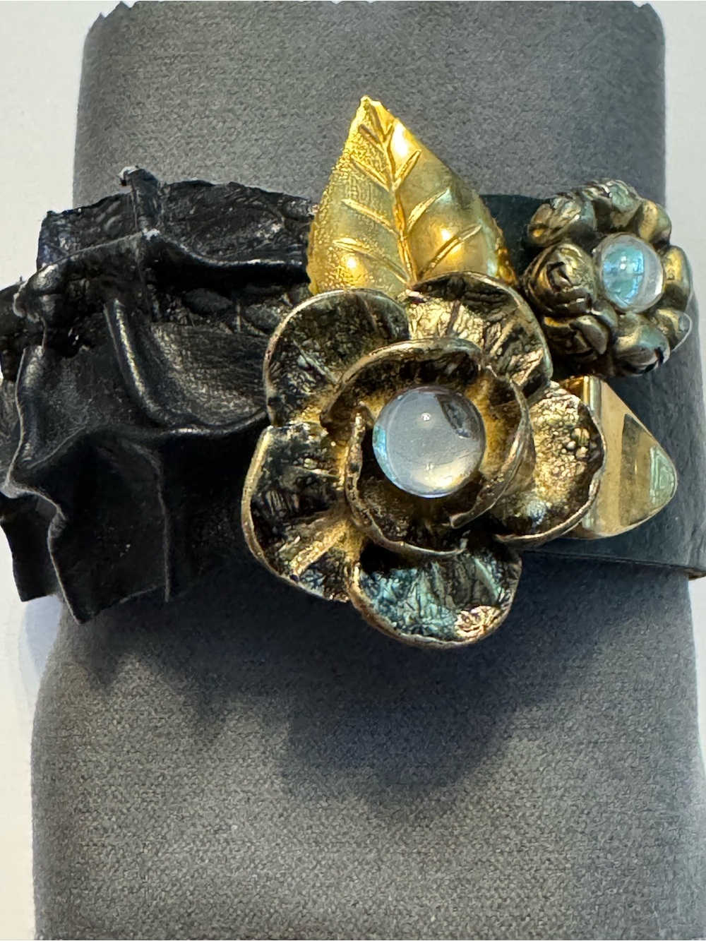 Artisan Gold Floral Leather Cuff Bracelet - Bohemian